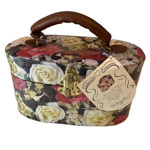 Vintage Victorian Floral Oval Train Case - Brown Handle with Mirror